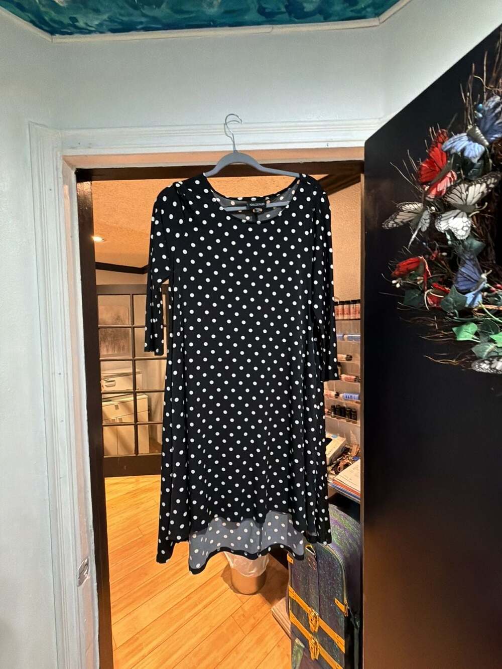 Nina Leonard Women's 3/4 Sleeve High-Low Trapeze Dress in Black and White Polka